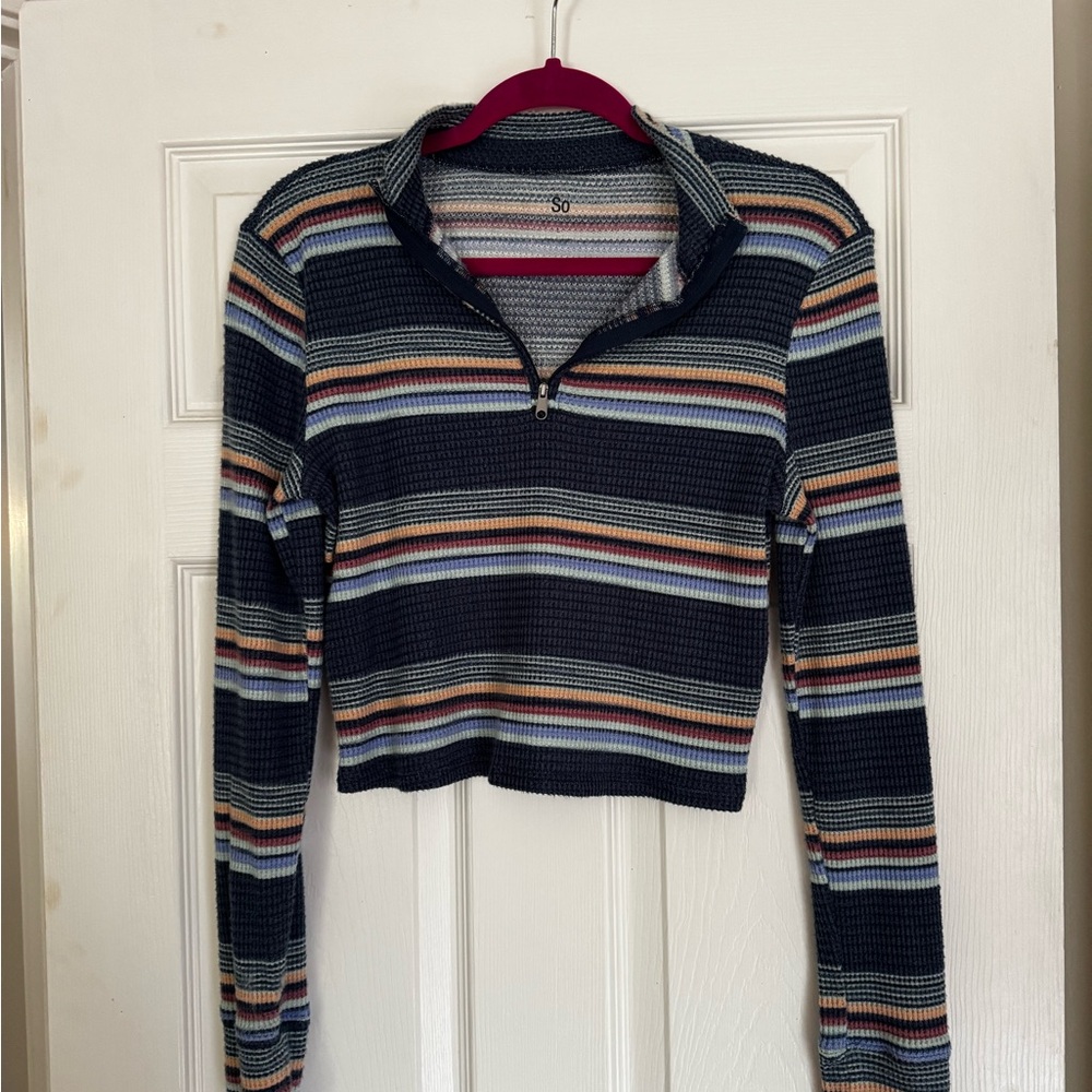 SO Blue Polo Crop Top with Cuffed Long Sleeves